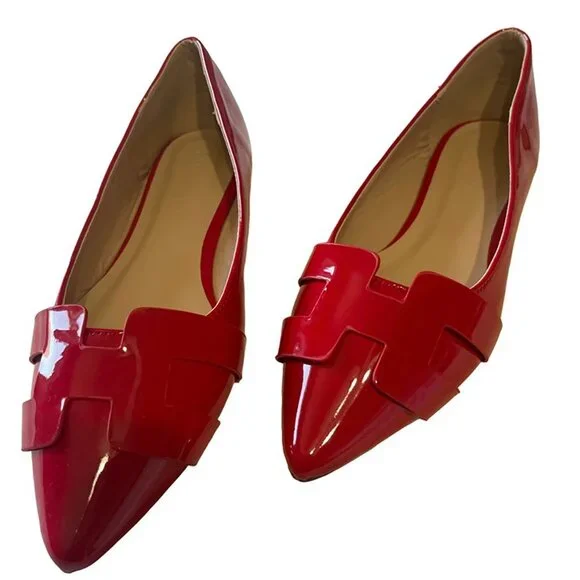 Wild Diva Women's Geometric Design Slip-On Patent PU Pointed Toe Ballet Flats - Picture 2 of 7